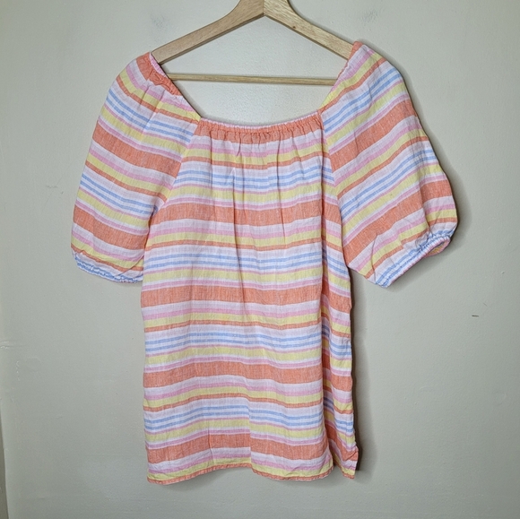 Talbots 100% Linen Palm Stripe Top Sz L Smocked Square Neck Short Sleeve Preppy - Picture 4 of 7